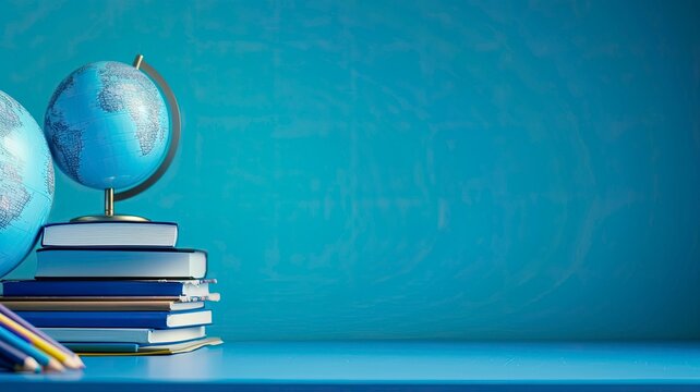 blue abstract background, gradient blue, with stack of books and a globe in the foreground on left side, pens and pencils, on left side with generative ai