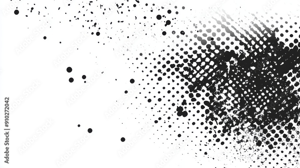 Poster a dynamic abstract design featuring a gradient of black dots and splatters on a white background.