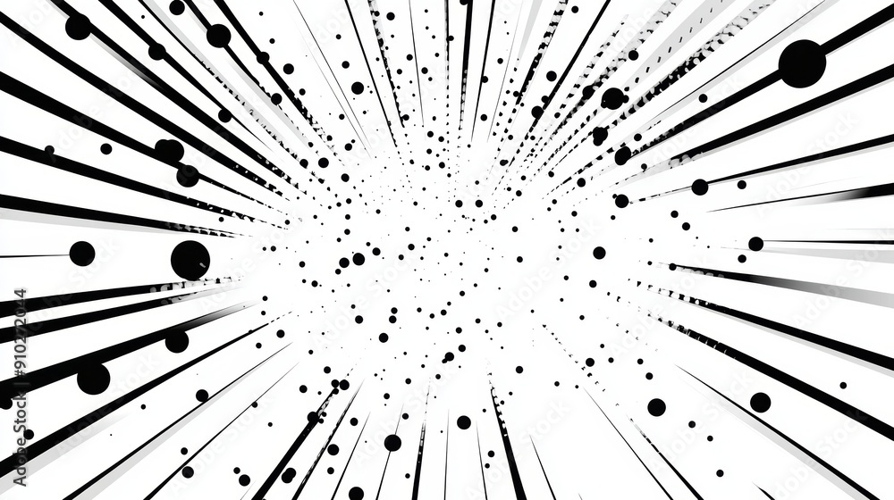 Poster dynamic black and white abstract pattern with radial lines and dots, creating a sense of energy and 