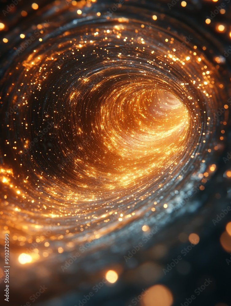 Poster a mesmerizing cosmic vortex filled with shimmering golden particles and swirling stars, creating an 