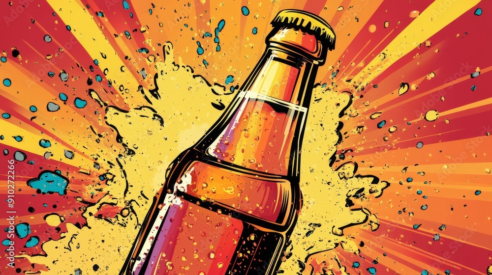 Poster a vibrant and energetic graphic of a soda bottle exploding with splashes, showcasing a lively mix of