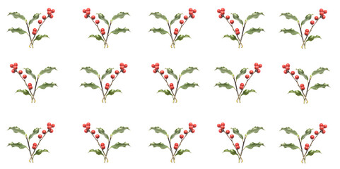 holly berries and leaves pattern on colored background (green leaf and red berry) holiday christmas theme repeating texture background wrapping paper
