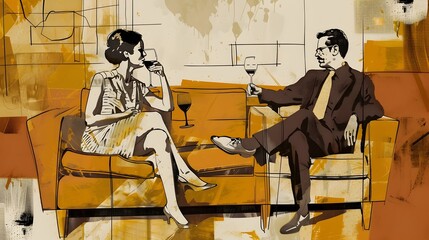 Elegant Mid-Century Couple Enjoying Drinks in Stylish Lounge Setting