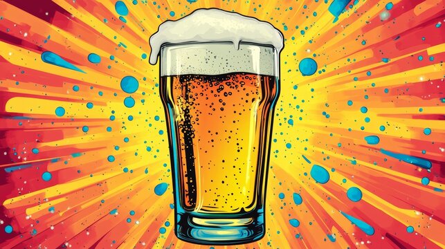 A vibrant illustration of a frothy beer in a glass, bursting with energy and color against a playful, abstract background.