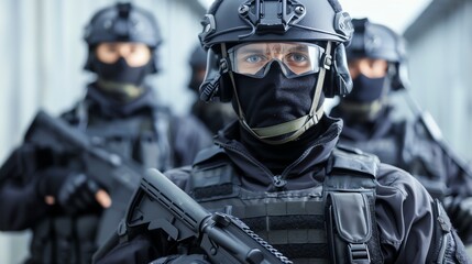 Obraz premium SWAT team in action, tactical gear, highstakes operation, law enforcement precision