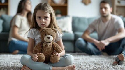 little girl sitting on the floor holding her teddy bear while parents fighting in the background at home, the mother and father yelling over each other. A concept of family and divorce.