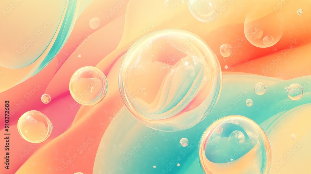Poster colorful abstract bubbles floating on a soft gradient background.