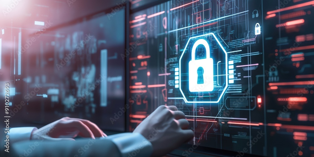 Poster cybersecurity concept image featuring user privacy security, encryption on screen padlock. secure in