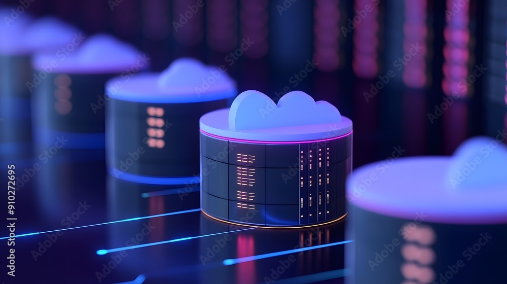Poster concept of cloud computing with glowing cloud icons on server racks representing modern data storage