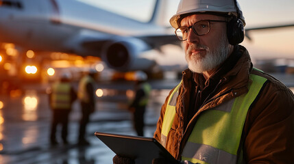 A warehouse employees at the airport are standing and checking inventory before loading goods onto a cargo plane.