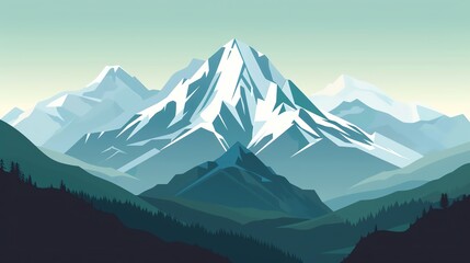 A serene mountain range with snow-capped peaks, surrounded by lush greenery and a peaceful blue sky.