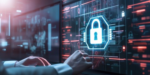 Cybersecurity concept image featuring user privacy security, encryption on screen padlock. Secure internet access future technology, cybernetics depicted. Digital protection safety network, system