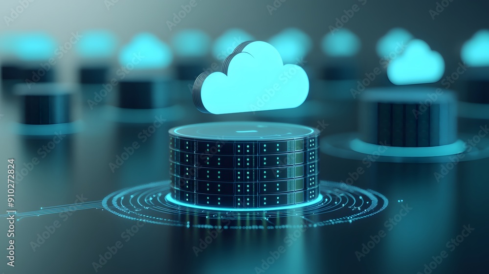 Poster conceptual image of cloud computing with futuristic data servers. shows data storage, cloud service,