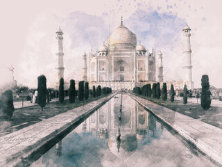 Watercolor art taj mahal, India