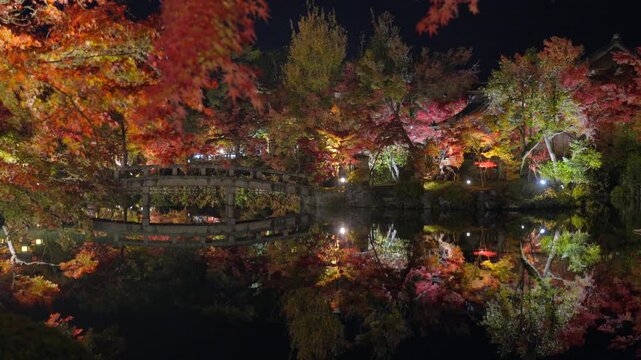 Kyoto, Japan, night view of the pond garden at the historic Eikando temple in the fall season. Eikando is famous for its autumn colors and the evening illuminations that take place in fall. 