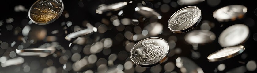 Detailed studio shot capturing silver coins in midair, against a deep black backdrop