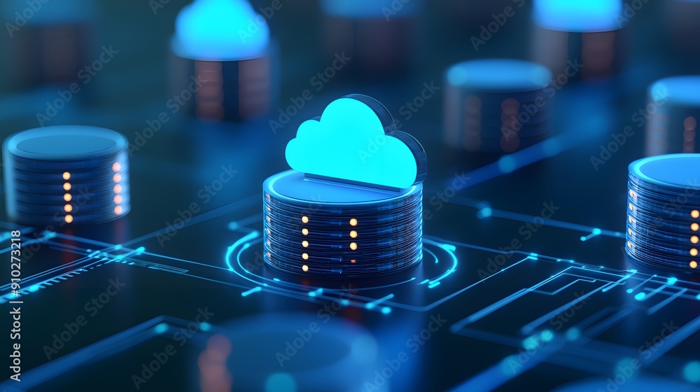 Poster data storage concept with cloud technology and server hardware showing an interconnected network for
