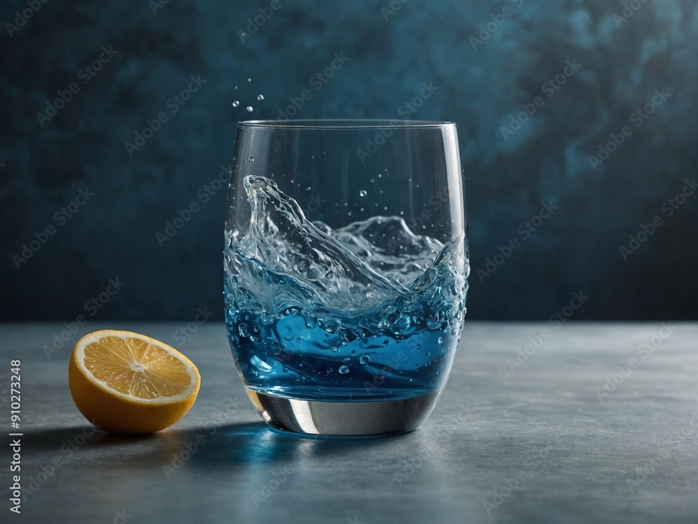 Aufkleber clear glass sits on surface with blue liquid splashing inside, capturing dynamic movement of fluid. 