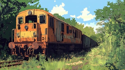 Obraz premium Cartoon illustration of an abandoned train, with a derelict locomotive and overgrown tracks.