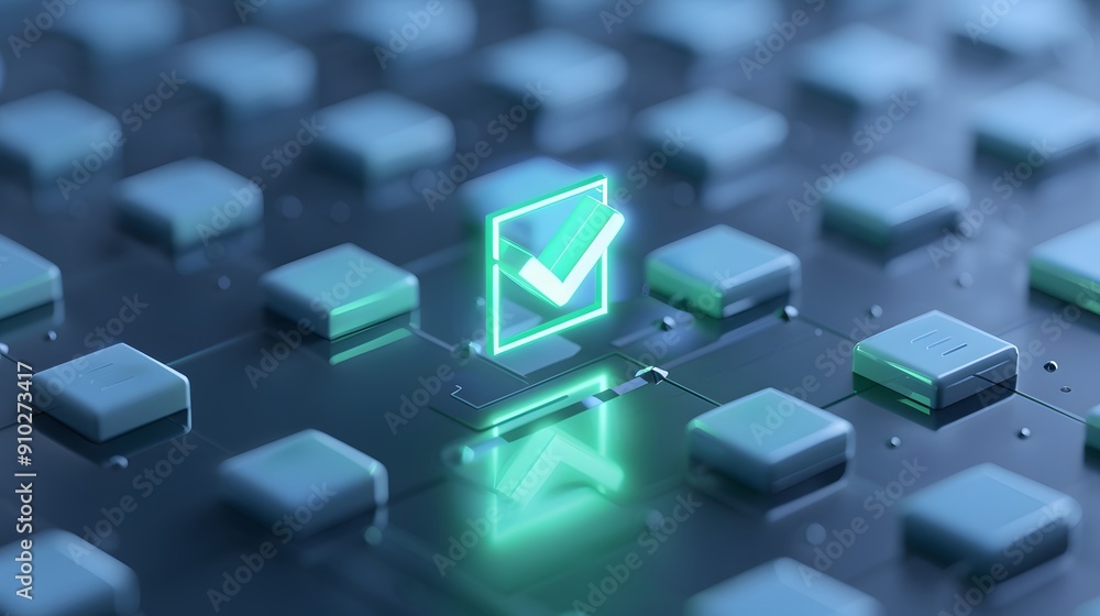 Poster digital checkbox ticked on futuristic touchscreen interface representing verification and completion