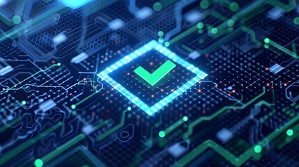 Obraz premium Digital check mark on a blue circuit board representing data verification, cyber security, and technology validation.