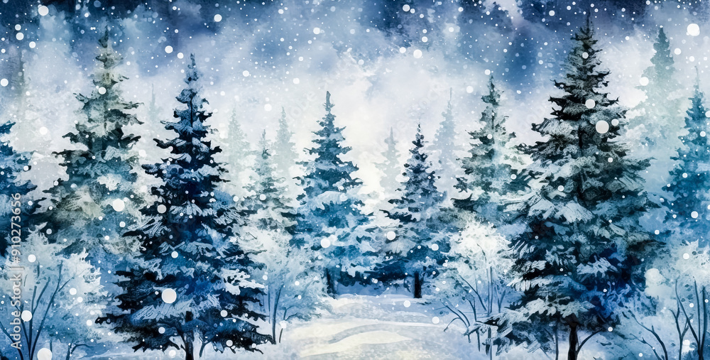 Poster A painting of a snowy forest with trees and a path