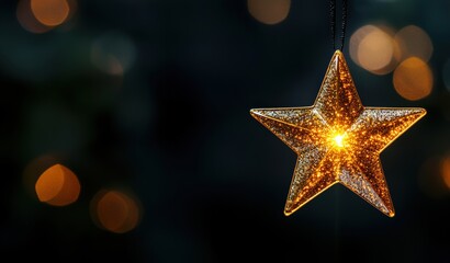Golden Star Sparkle Abstract Design. Bright and shimmering golden star creating a magical visual effect against a dark background.