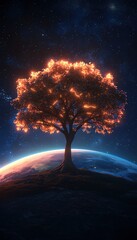 A glowing tree stands majestically on a distant planet, surrounded by a vibrant cosmic landscape, embodying nature and serenity.