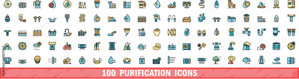 Poster 100 purification icons set. color line set of purification vector icons thin line color flat on whit