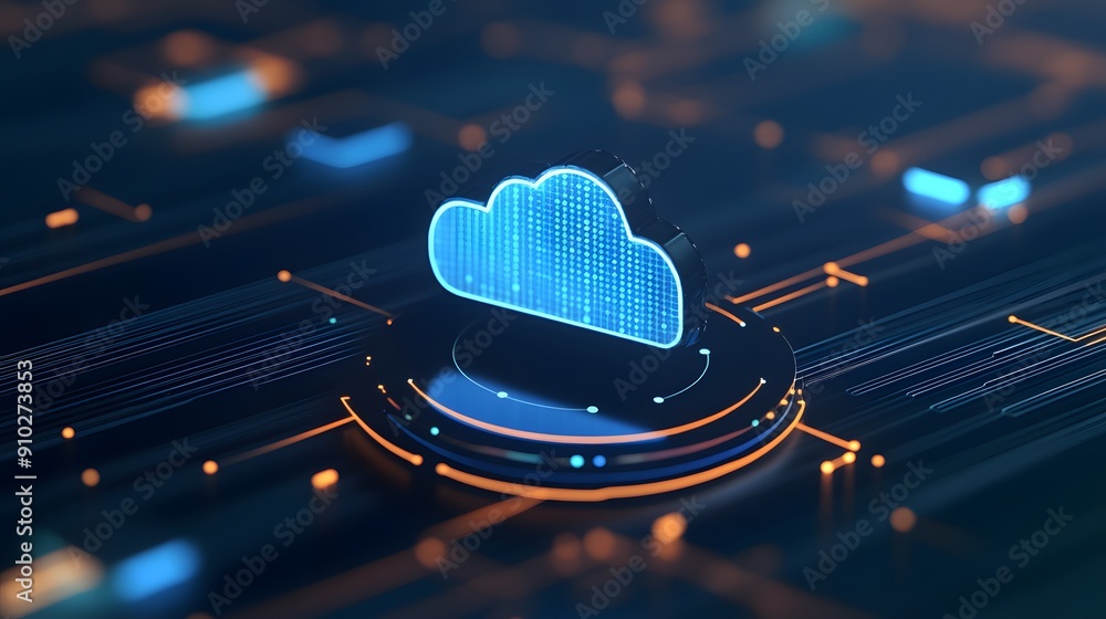 Aufkleber digital cloud computing and storage concept represented by a glowing blue cloud surrounded by comple