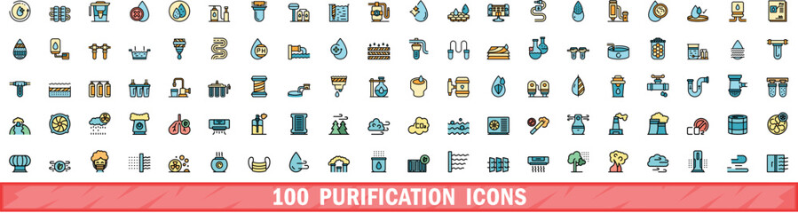 100 purification icons set. Color line set of purification vector icons thin line color flat on white