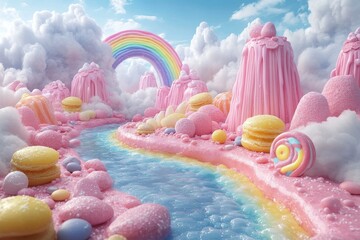 A candy landscape with pink mountains, rainbow and fluffy clouds, sugar river. Generative AI