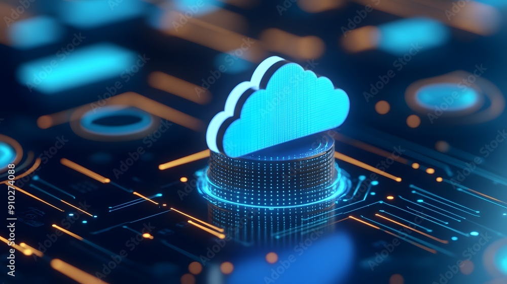 Poster digital cloud computing concept showing a cloud icon on a futuristic circuit board with glowing blue