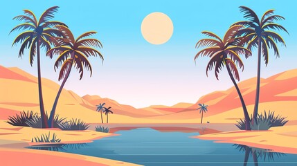 Fototapeta premium A tranquil oasis in the desert, with palm trees and a blue pool of water under a bright sun.