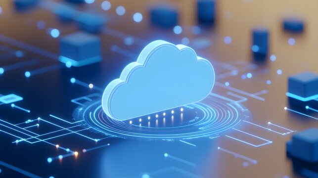 Digital cloud computing concept with blue cloud icon on futuristic technology background. High-tech data storage and networking symbol.
