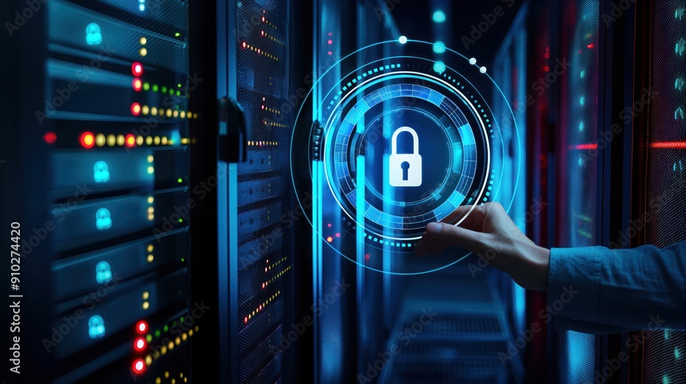 Poster secure digital information protected by password lock on hud computer screen. cyber security concept