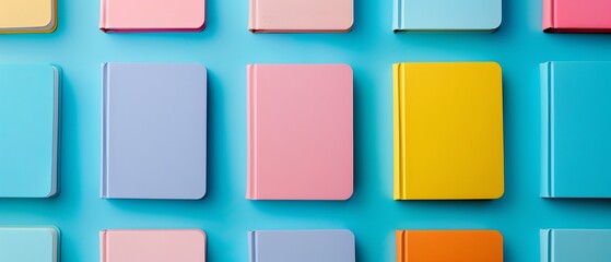 Threedimensional pattern of pastelcolored notebooks in rows with a sky blue background The arrangement conveys a refreshing and organized look