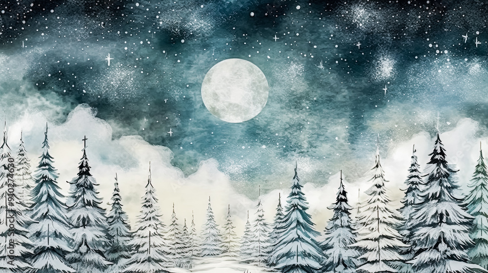 Poster a painting of a snowy forest with trees and a path.