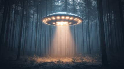 UFO hovering over dark forest with glowing lights, mysterious night sky background, alien spacecraft concept