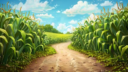 Obraz premium Winding Countryside Path Through Lush Green Cornfield Landscape
