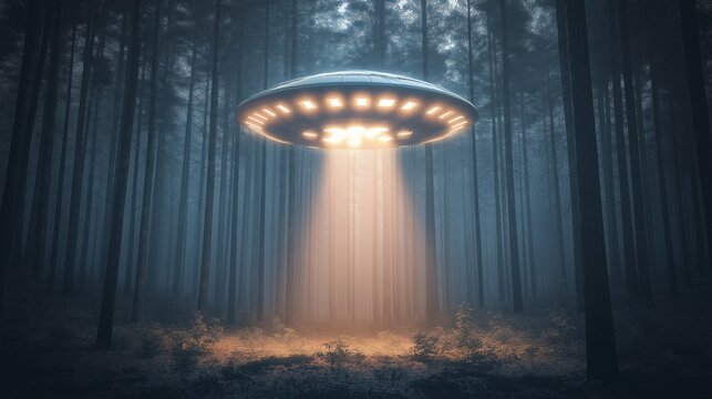 UFO hovering over dark forest with glowing lights, mysterious night sky background, alien spacecraft concept - Powered by Adobe