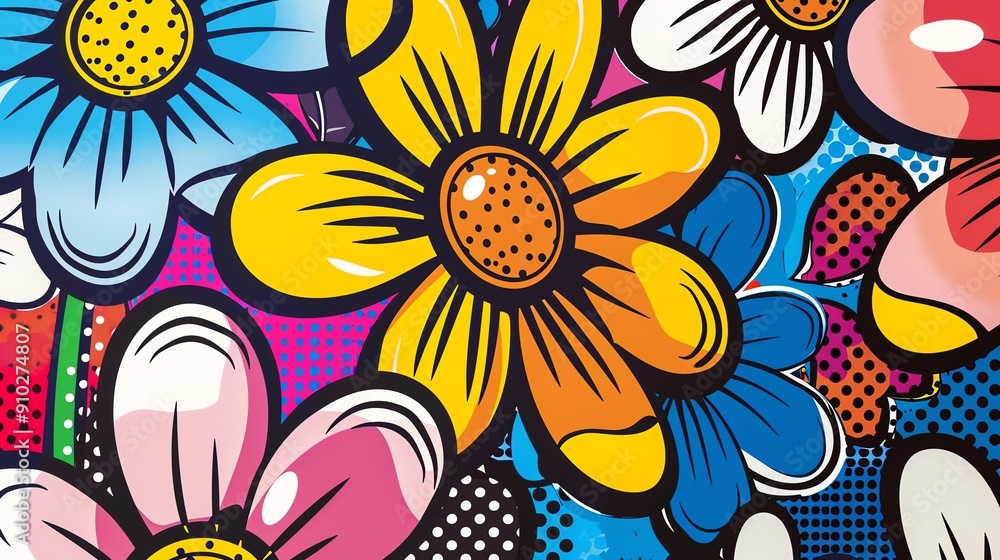 Poster a vibrant and colorful abstract pattern of stylized flowers in a pop art style.