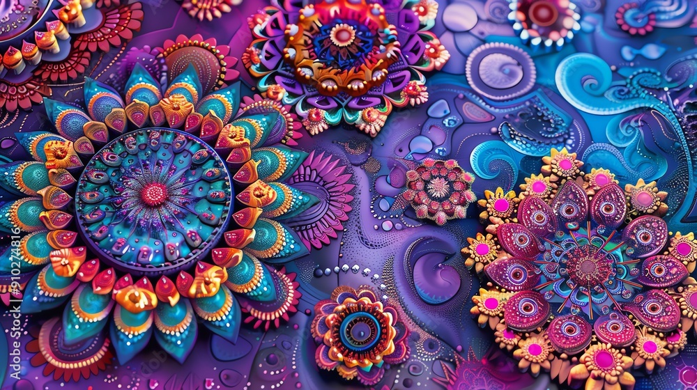 Poster a vibrant and colorful abstract pattern with swirling flowers and geometric shapes. the background i