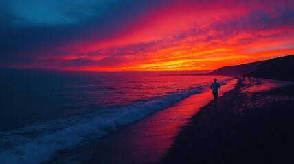 A serene beach scene at sunset with vibrant colors illuminating the sky, creating a peaceful atmosphere for relaxation.