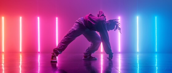 A male dancer in a white hoodie and blue trousers dances energetically. Red smoke adds intensity to the scene, conveying the movement and passion of the urban dance style.