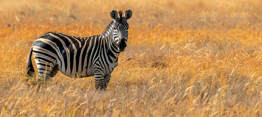 Zebra in African savannas, Nature Wallpaper Background with Copy Space