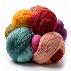 a lots colorfull ball of yarn for knitting on a white background