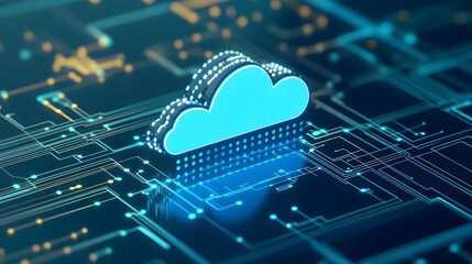Digital cloud computing icon over a futuristic circuit board background, representing data technology and internet connectivity.