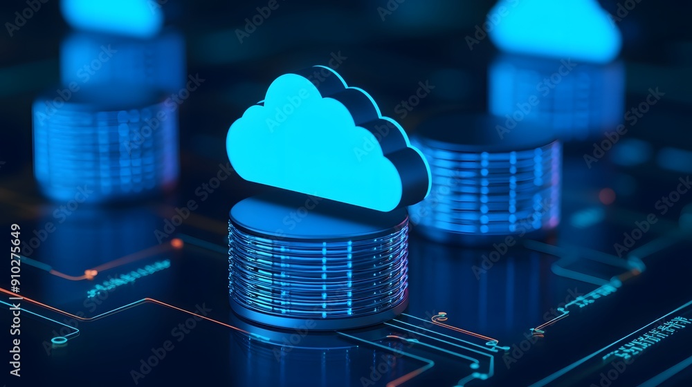 Poster digital cloud computing network, data storage technology with glowing symbols representing online da