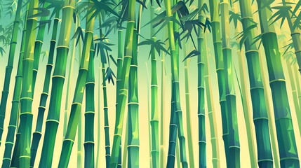 Obraz premium A vibrant illustration of a dense bamboo forest, with tall green stalks reaching towards a bright sky.